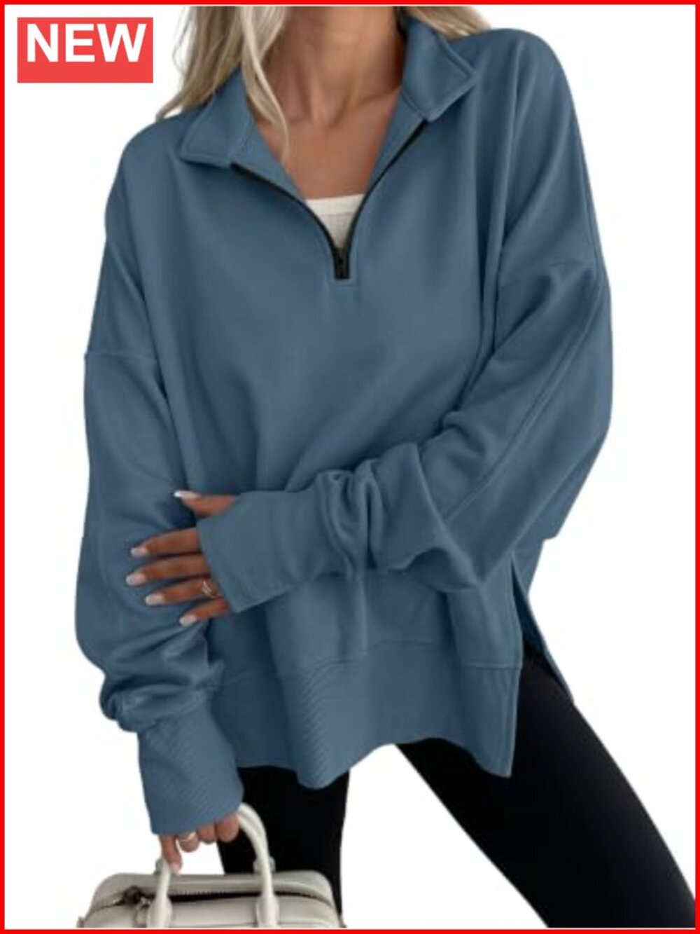 Oversized Quarter Zip Pullover Sweatshirt with Stand Collar and Side Slits
